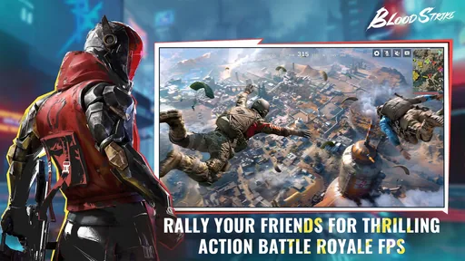 Blood Strike fighter dropping into a battle royale match